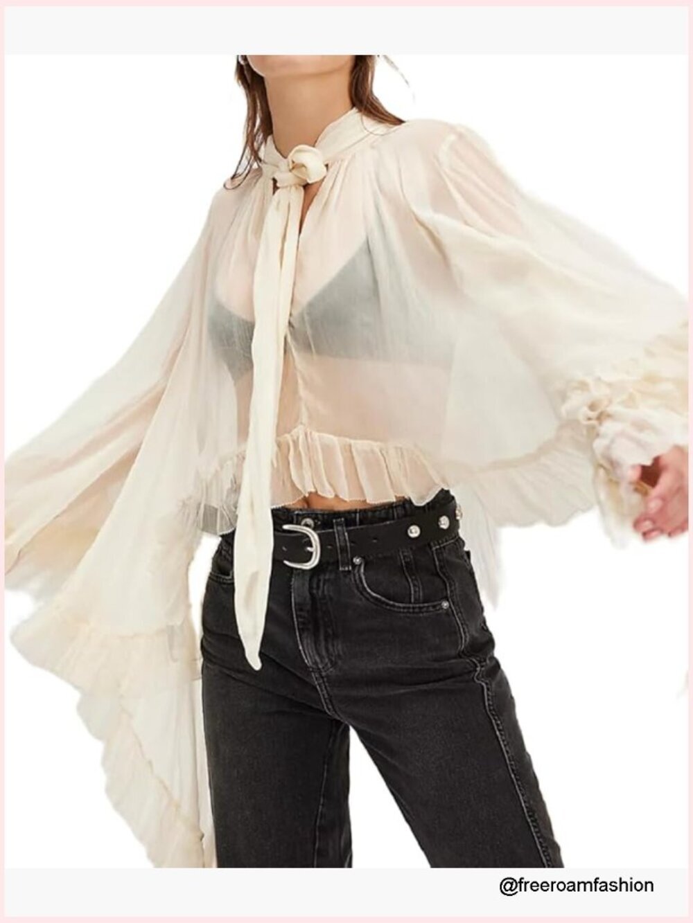 Sheer Ruffle Trim Blouse with Self Tie Neck - Long Sleeve Tunic Top